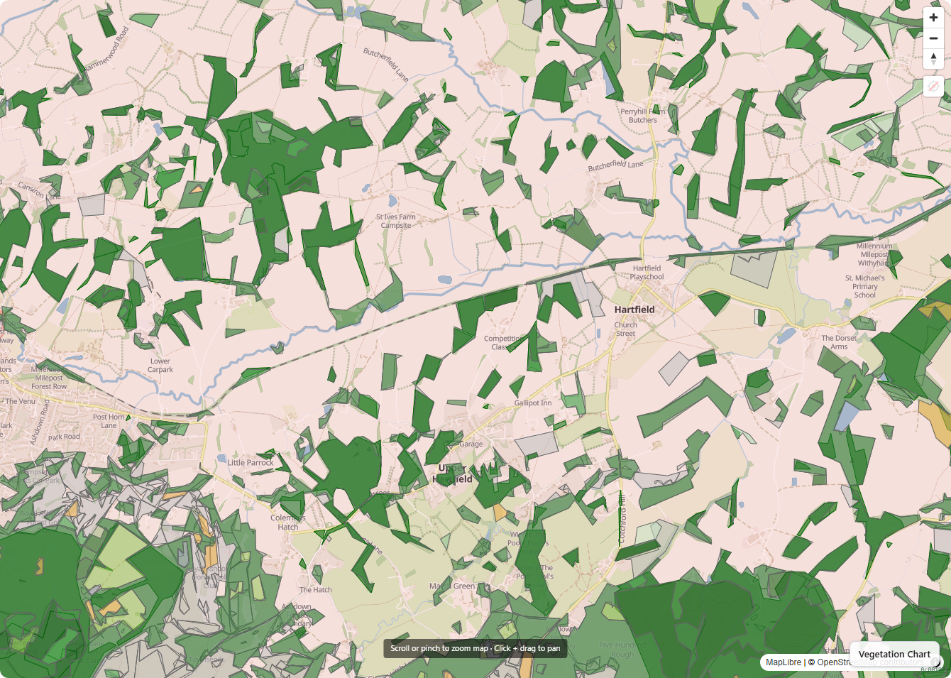 Catchment-scale view showing priority habitats, ancient woodland, national forest inventory and parcels — the full layered platform in use
